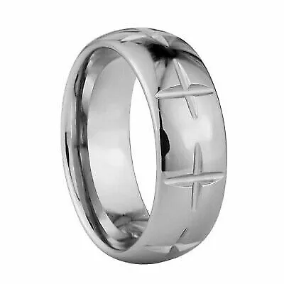 Crosses Carved In Tungsten Ring - High Polish - 8mm Wide - Many Sizes Available • $12.50