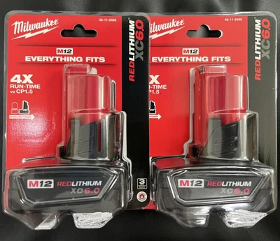 £94.98 • Buy Genuine Milwaukee 48-11-2460 M12 RedLithium XC6.0 6.0Ah Battery 2 PACK