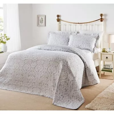 Bella Grey White Brocade Jacquard Cotton Rich Matelasse Bedspread / Pillowsham  • £46.99