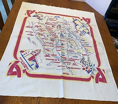 Vintage CALIFORNIA Table Cloth Map Wall Hanging Travel 1950’s Thick Cotton • $14.99