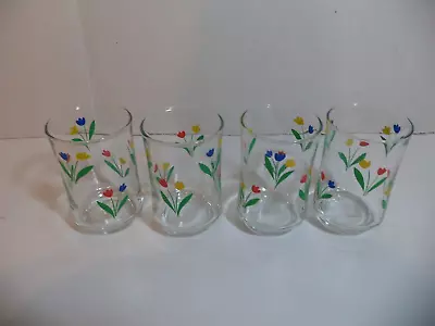 Vtg Swanky Swigs! Set Of Four Retro Juice Glasses Red Yellow Blue Tulips 5ozs • $14.99