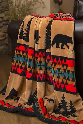 CARSTENS INC. Bear Trails Black Sherpa Rustic Cabin Throw Blanket 54x68 • $49.72