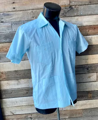 Vintage 1960's Blue Button Down Guayabera Mexican Wedding Shirt By Weekender • $35