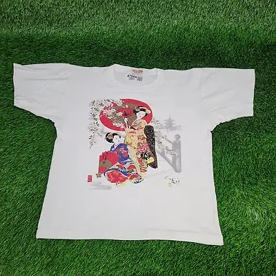 Vintage Japanese Maiko Geishas Shirt Mens Medium Single-Stitch White Red Kimono • $14.55