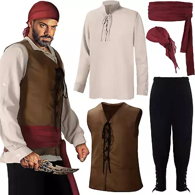 5 Pcs Mens Pirate Costume Medieval Renaissance Viking Shirt Pirate Banded Pants  • $51.99