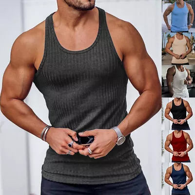 Mens Plain Vest Sleeveless BodyBuilding Training Gym Muscle Slim Tank Tops Tee • £2.69