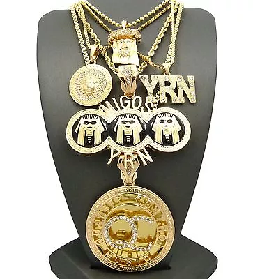 Hip Hop Iced QC & MIGOS YRN & MEDUSA & JESUS Pendant 5 Fashion Necklace Set  • $83