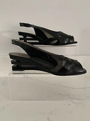 Vintage 60s Black Italian Patent Leather Elegant  Mod GoGo Shoes Size 38 UK5 • £40