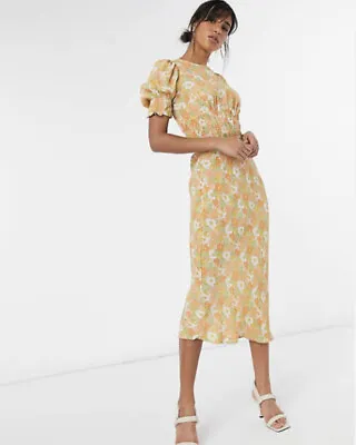 $29 • Buy Asos Dress 12-14 Midi Floral Elastic Waist Boho Puffy Sleeves ￼￼scrunch Fabric