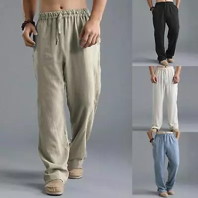 Mens Cotton Linen Pants Drawstring Loose Baggy Elasticated Beach Lounge Trousers • $17.50