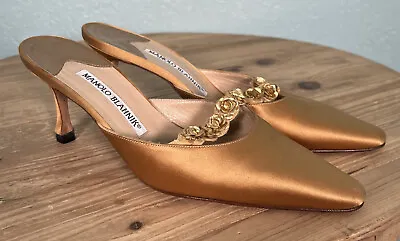 MANOLO BLAHNIK Gold Micro Floral Slides Mules Kitten Heels Made In Italy EUR 35 • $155.96
