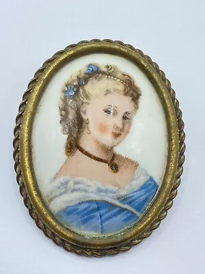 Vintage 1940s Limoges France Signed Porcelain Lady In Blue Brooch (J12) • £20