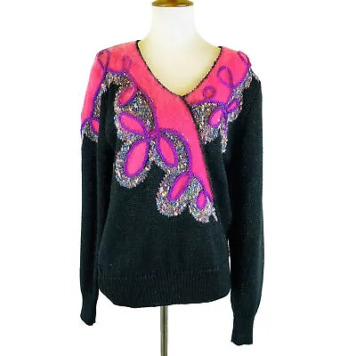 Vintage 80s 90s Sweater Womens Large Acrylic Wool Angora Black Fuchsia Read • $34.40