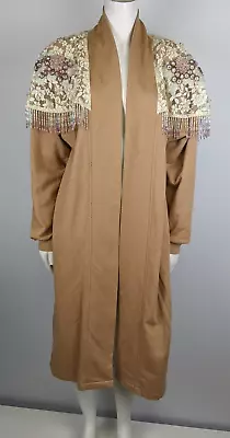 Vintage Lacy Afternoon Duster Cardigan Womens Beige Brown Embellished Beaded - L • $35.99