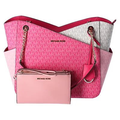 Michael Kors Jet Set Large Chain Tote MK Electric Pink Multi + Primrose Wristlet • $269