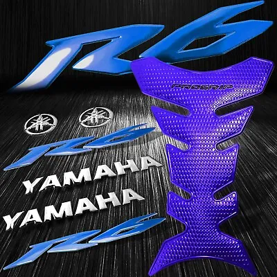 Full Blue Pro Fuel Tank Pad+YZF-R6/R6S Emblem+8  Chrome Logo&Letter Grip Sticker • $28.77