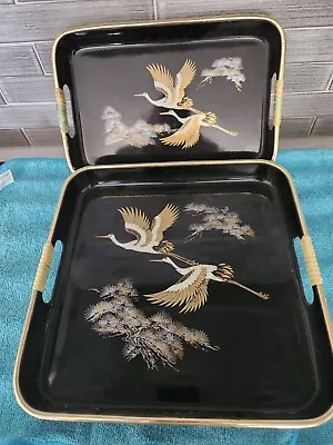 Vintage Japanese Nesting Trays Black Lacquer Ware Set Of 2 Gold Floral W/ Crane • $22.50