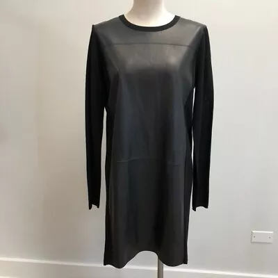 Vince Wool Leather Shift Dress Womens Large Black Knee Length Knit Long Sleeve • $115