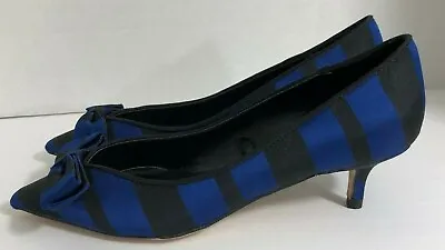 Zara US Size 5.5 Blue Black Stripe Pointy Toe Bow Kitten Heel Shoe New W/O Box • $21.99