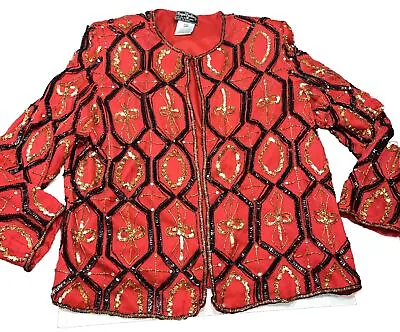 2XL VTG RED GOLD SILK Sequin Blazer FORMAL Open Front Jacket Royal Feelings MOM • $85