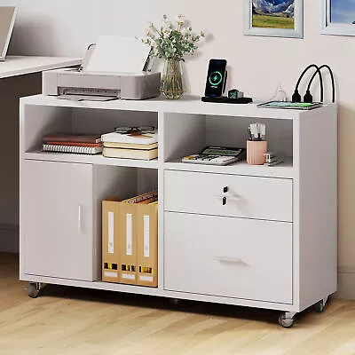 Lateral File Cabinet With Charging Station Mobile Wood Printer Stand For Office • $91.99