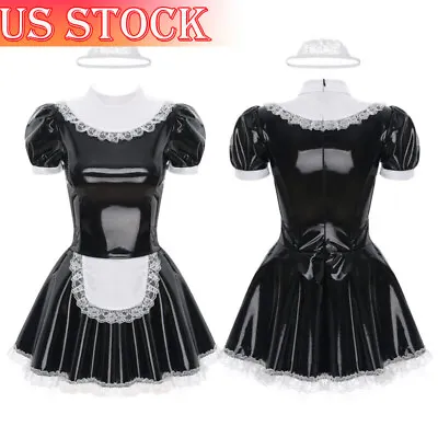 US Women's Anime Cosplay French Maid Apron Dress Costume PVC Leather Lingerie • $18.70
