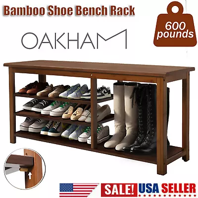 OAKHAM Shoe Oiganizer Bamboo Shoe Bench Rack With Storage Entryway Storage Bench • $59.99