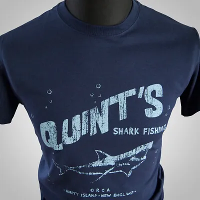 Quint's Shark Fishing T Shirt Retro Jaws Movie Great White Bigger Boat Blue • £13.99