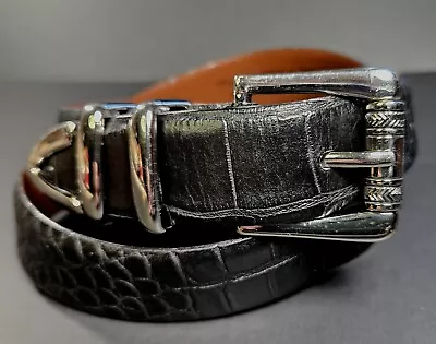 Mens Black Italian Leather Belt Croc Embossed Sz 44 1-1/8”wide Made Italy  • $18