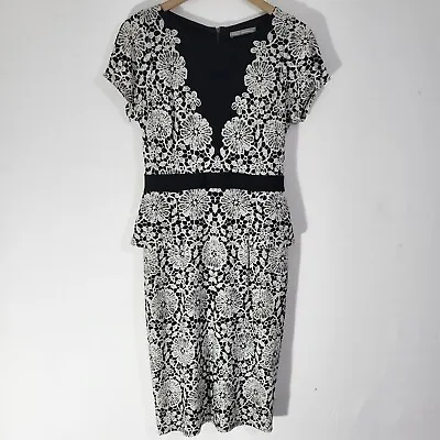 M&S WOMAN Pencil Dress Size 10-UK Black Ivory Lace Effect Stretchy Peplum  • £10