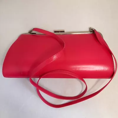 Jacques Vert Hand Bag Fuschia Pink Leather - Clutch/Shoulder - Silver Hardware • £6.99