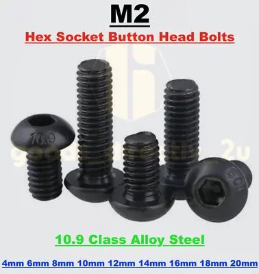 M2 Button Nut Bolt Washer Black Alloy Steel Screws Allen Hex Socket Round Head • £2.89