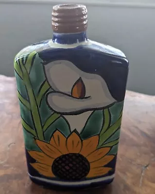 Hand Painted Mexican Pottery Bottle Lily Sunflower 5.75  • $18.90