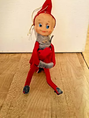 VINTAGE CHRISTMAS  Pixie ELF FELT KNEE HUGGER SHELF SITTER ORNAMENT 8” • $15