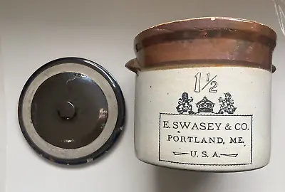 Antique 1 1/2 Gal E. Swasey & Co. Portland Maine Brown/White Crock • $150