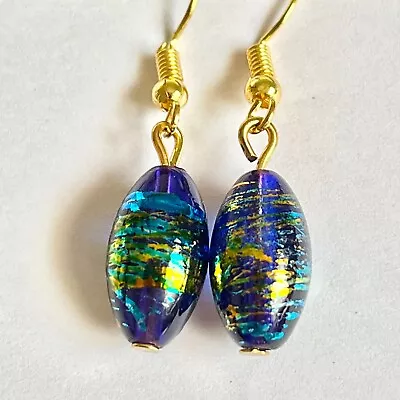 Aqua Blue Murano Art Glass Earrings Bead Hand Painted Oval Bead Gold Plated • $9.99