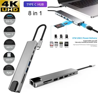 $7.59 • Buy 8 In 1 USB-C HUB Type-C USB Multiport USB 3.0 4K HDMI RJ45 Ethernet Micro SD TF