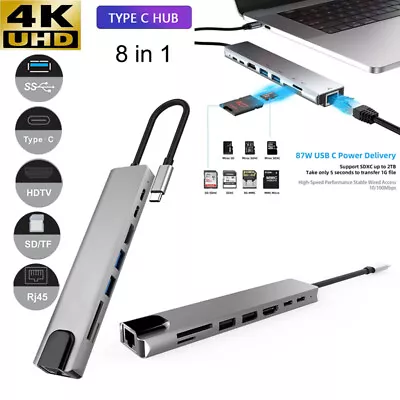 8 In 1 USB-C HUB Type-C USB Multiport USB 3.0 4K HDMI RJ45 Ethernet Micro SD TF • $29.99