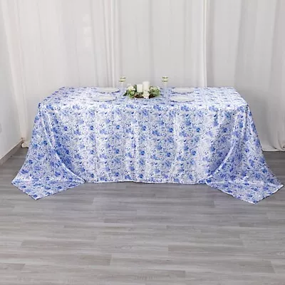 90  X 132  WHITE BLUE Floral Satin Rectangular TABLECLOTH Party Home Decorations • $18.44