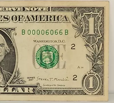 4 Digit Fancy Serial Number One Dollar Bill B00006066B Binary Flipper 0s 6s • $49.95