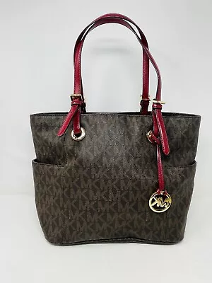 Michael Kors Jet Set Brown/Cherry EW Signature Logo Tote Shoulder Bag New W/TAG • $124