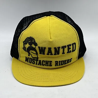 Vintage Wanted Mustache Riders Black Yellow USA Trucker Snapback Hat Cap 80s • $59.99