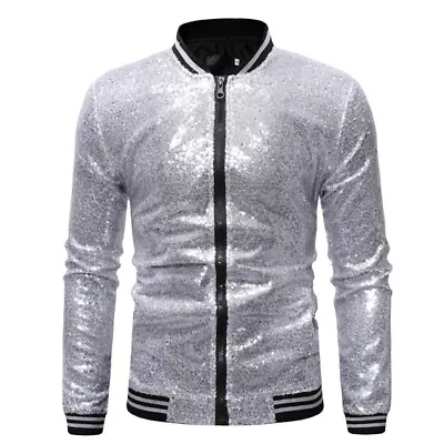 UK Unisex Zip Up Bomber Jacket Shiny Sequins Coat Festivals Fancy Dress Top • £21.55