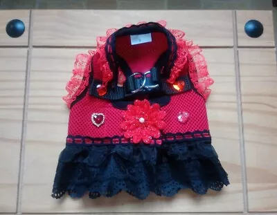 Dogs Harness Size Small  /chihuahua Designer Red& Black Flowers Harness Dress.. • £10.99