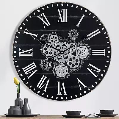 23 Inch Wooden Large Wall Clock With Moving Gears Roman Numeral Black Unisex • $96.99