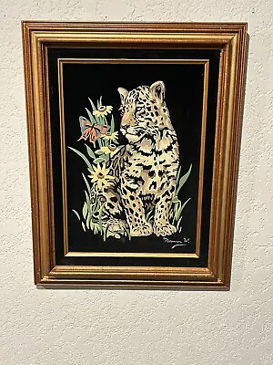 Vintage Black Velvet Leopard/Cheeta Cat Art Painting Signed • $130
