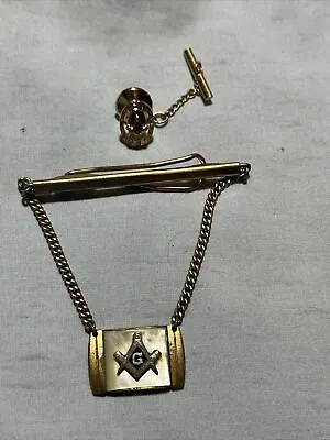 Vintage Tie Clip With Link Chain Gold Plated Free Mason Masonic + Tie Tack • $14.99