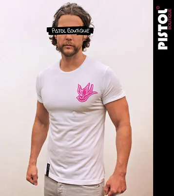 £19.80 • Buy Pistol Boutique Men's Fitted White Crew Neck Pink Chest SKETCH SWALLOW T-shirt