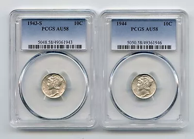 1943-S/1944 Silver Mercury Dimes (AU58) PCGS 2 Coins • $5.50
