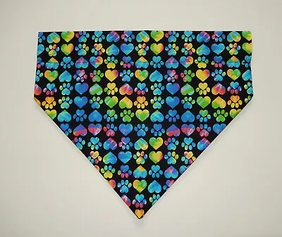 Tie Dye Dog Paws & Hearts On Black Dog Scarf/bandana--s M L • $6